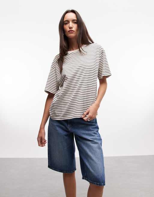 Monki oversized boxy T-shirt in black and white stripe, 2 of 4