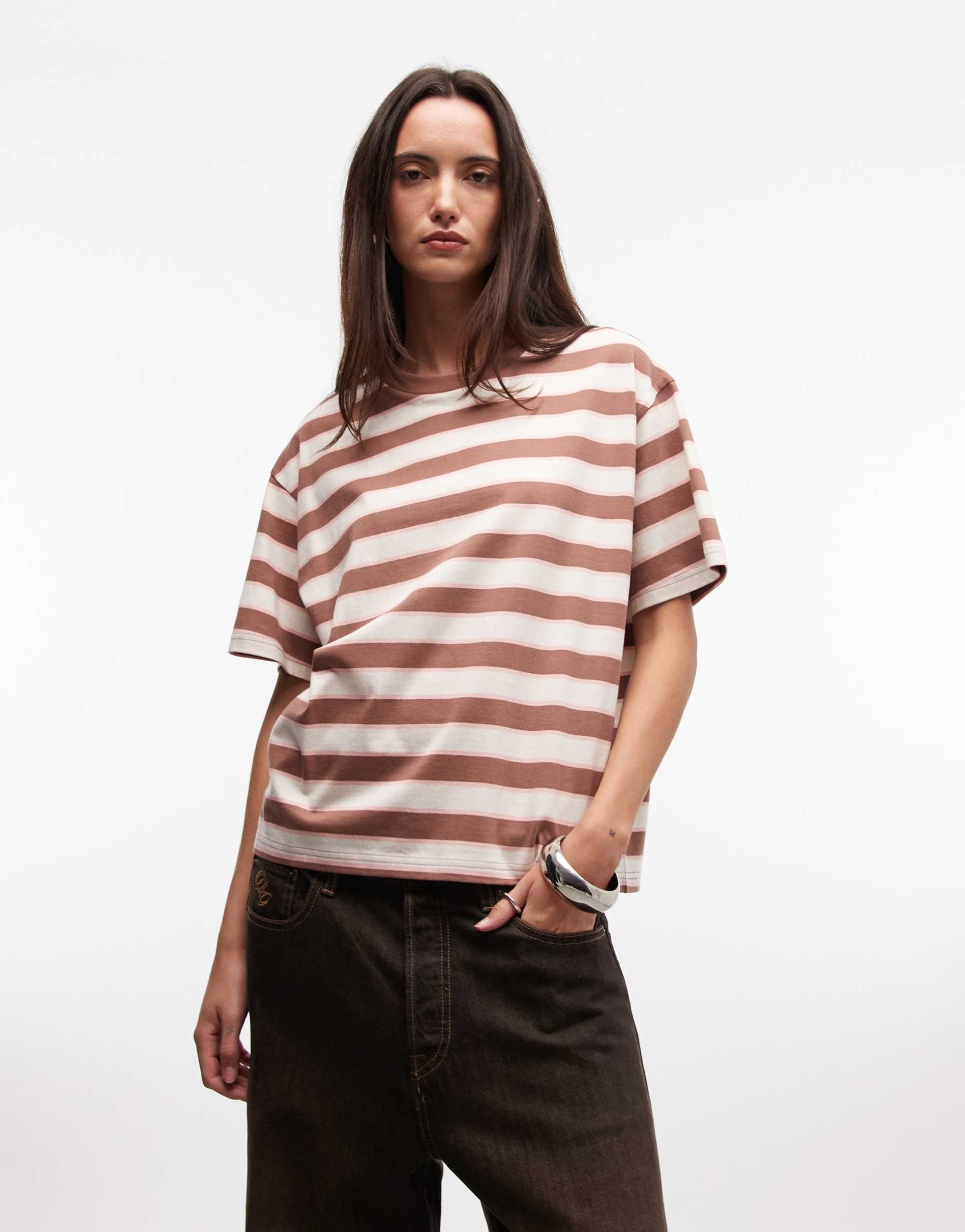 monki oversized boxy t-shirt in brown stripe