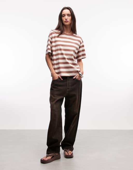 Monki oversized boxy T-shirt in brown stripe, 2 of 4
