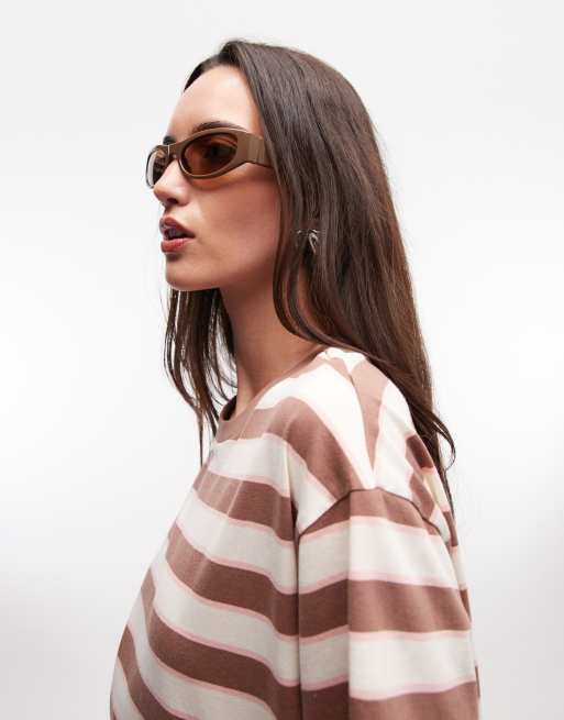 Monki oversized boxy T-shirt in brown stripe, 3 of 4