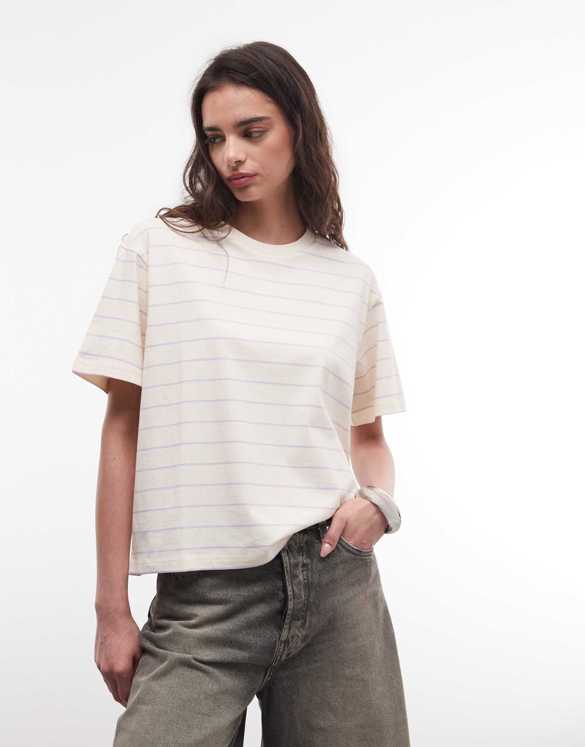 monki oversized boxy t-shirt in cream and lilac stripe