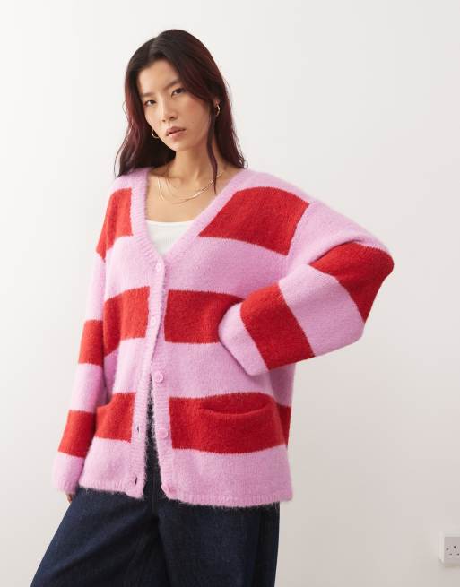 Monki - Oversized cardigan med lyserøde/røde striber, 4 af 4