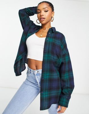 Monki oversized colourblock flannel shirt in green and blue check