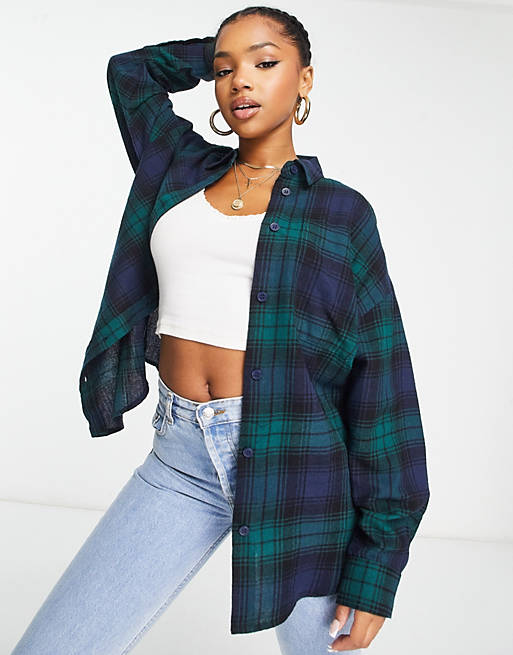 Monki oversized colourblock flannel shirt in green and blue check | ASOS