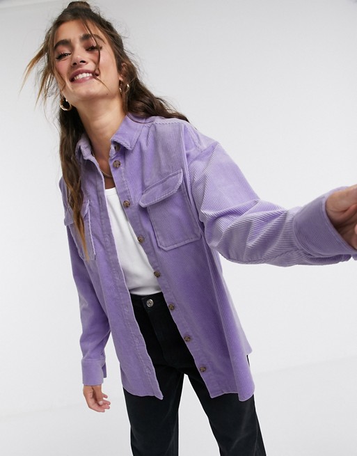 Monki oversized cord shirt with pockets in purple