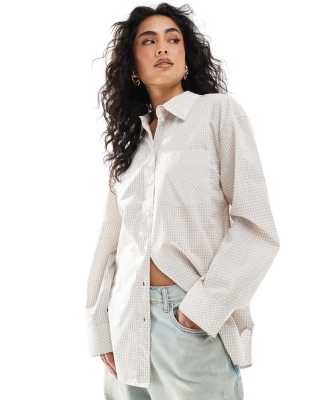 oversized cotton shirt in beige plaid-White