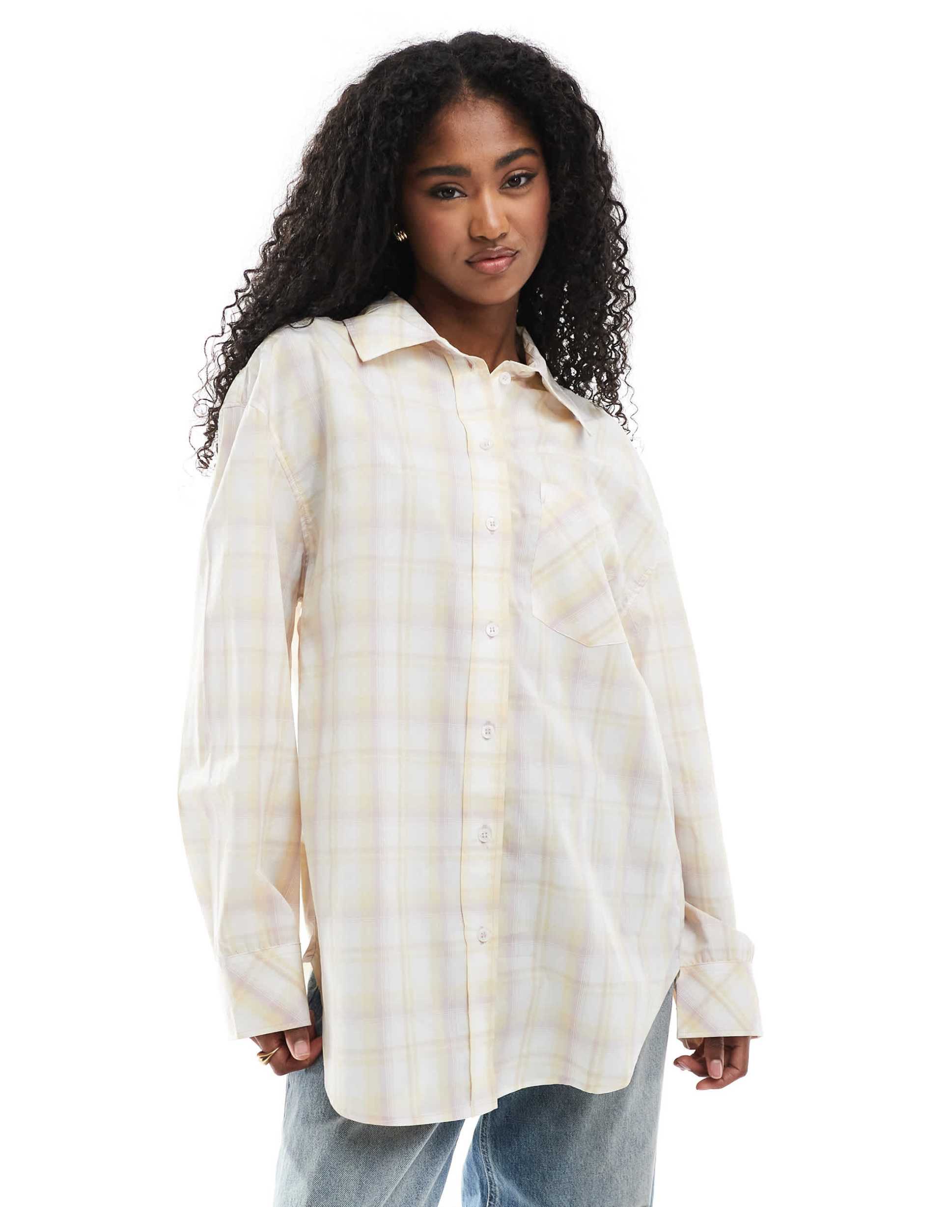 monki oversized cotton shirt in pink and yellow plaid