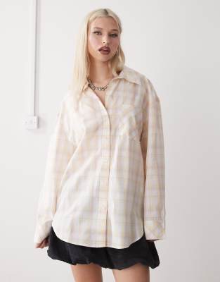 oversized cotton shirt in pink & yellow plaid-White