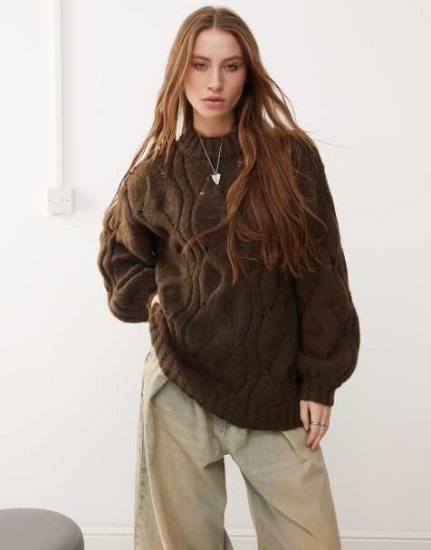 Monki oversized crew neck cable knitted sweater in brown - view 1