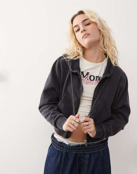 Monki - Oversized cropped hoodie met rits in zwart met wassing - view 1