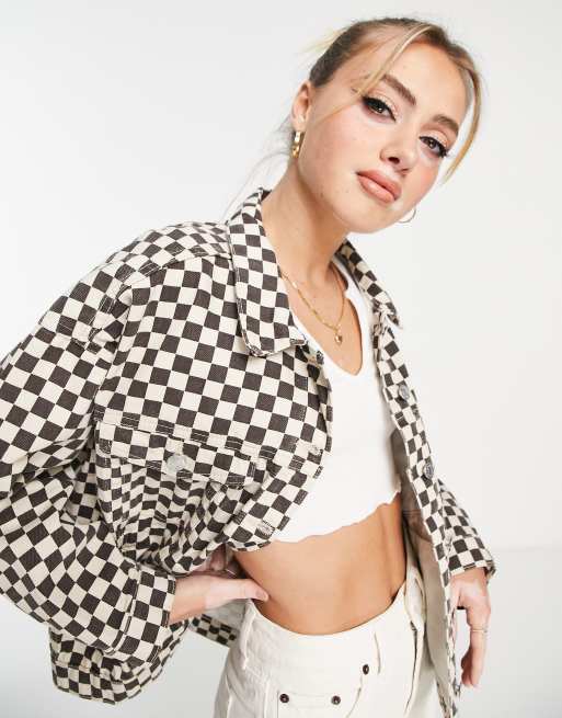 Monki - Oversized denim jack in bruin dambordpatroon, deel van co-ord set