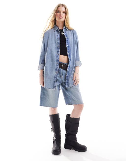 Monki oversized denim shirt in blue mottled wash