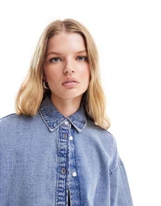 Monki oversized denim shirt in blue mottled wash ASOS