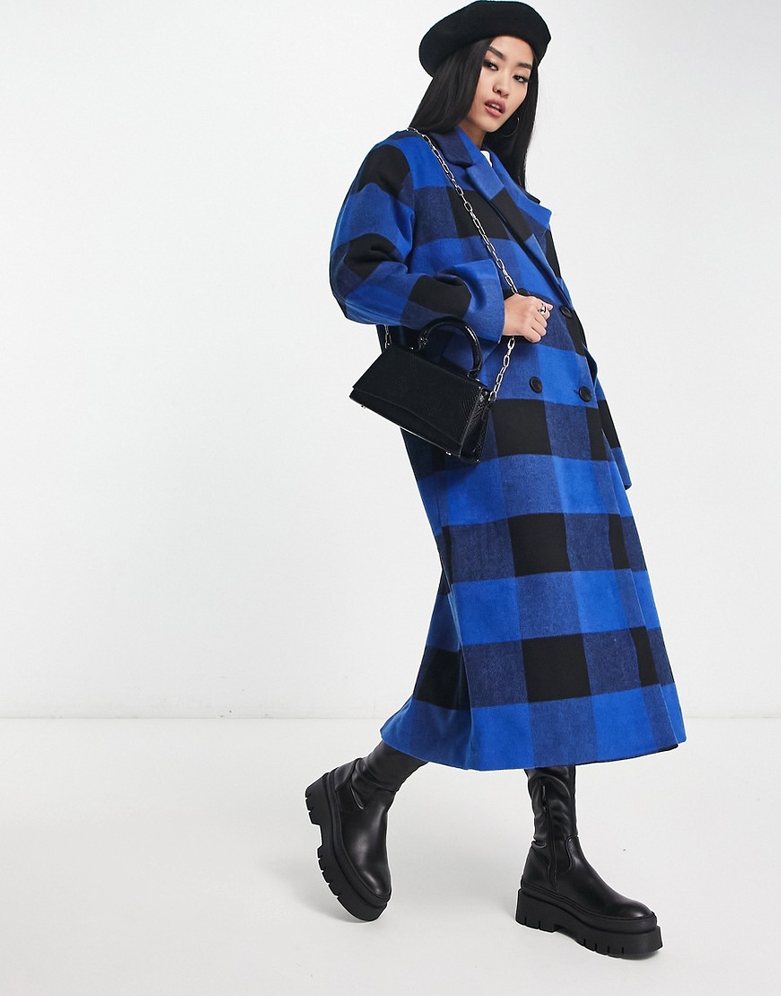 Monki Oversized Double Breasted Coat In Blue And Black Check