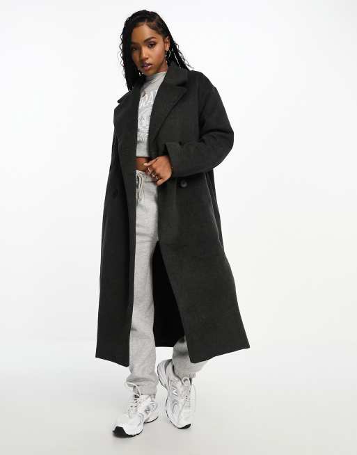 Monki oversized double breasted coat in gray melange