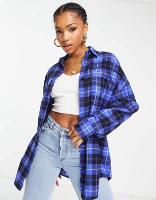 Monki oversized flannel shirt in blue check