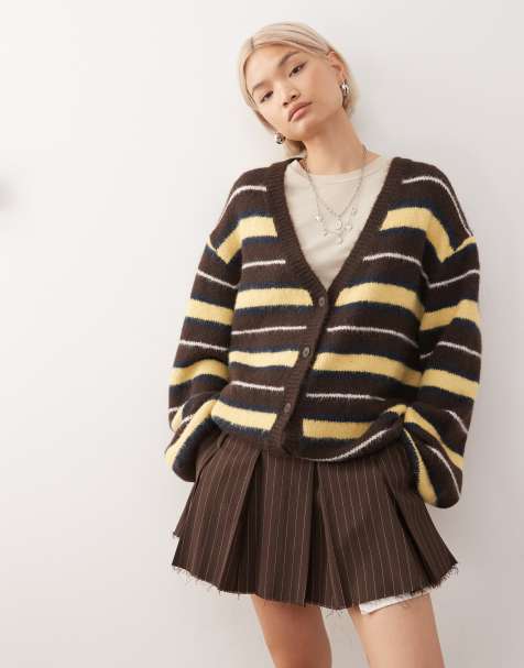 Monki oversized fluffy knit cardigan in brown and yellow stripe - view 1