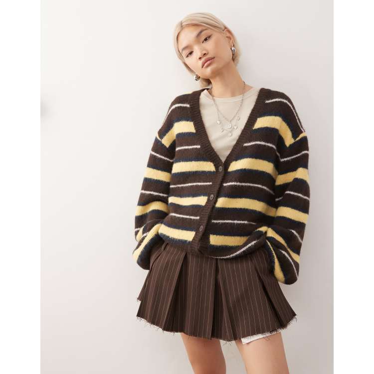 Monki oversized fluffy knit cardigan in brown and yellow