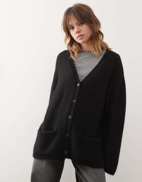 Monki oversized fluffy knit wool mix cardigan in black - view 1