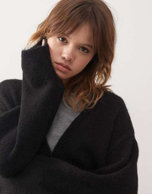 Monki oversized fluffy knit wool mix cardigan in black, 2 of 4