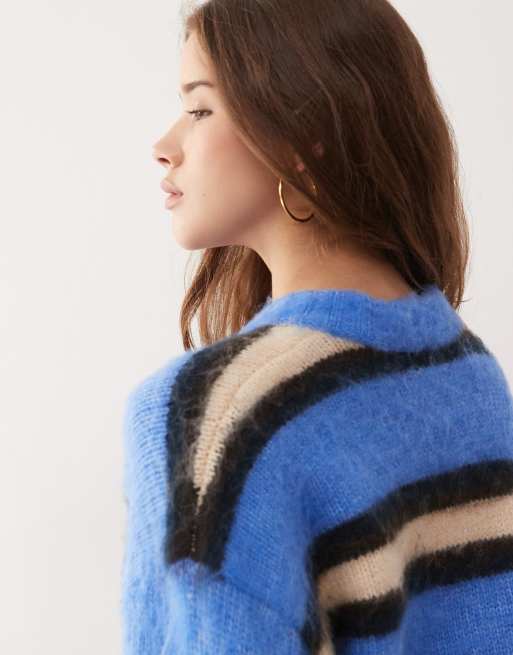 Monki oversized fluffy stripe jumper in blue and chocolate stripe, 2 of 4