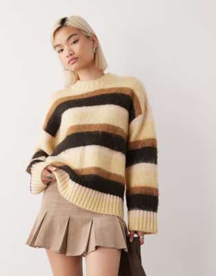 Monki Monki oversized fluffy stripe jumper in butter yellow