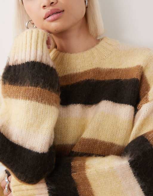 Monki oversized fluffy stripe jumper in butter yellow, 2 of 4
