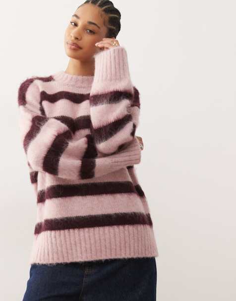 Monki oversized fluffy stripe jumper in raspberry stripe - view 1