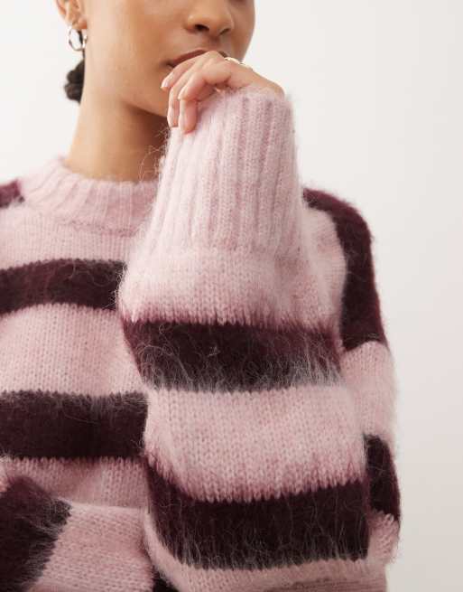 Monki oversized fluffy stripe jumper in raspberry stripe, 3 of 4