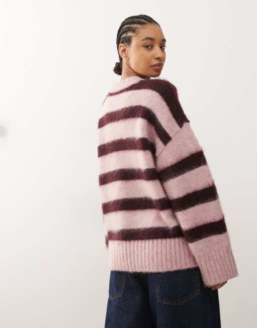 Monki oversized fluffy stripe jumper in raspberry stripe, 4 of 4