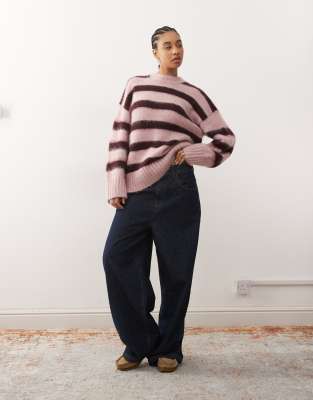 Monki Oversized Fluffy Stripe Sweater In Pink