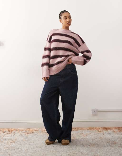 Monki oversized fluffy stripe sweater in raspberry stripe, 2 of 4