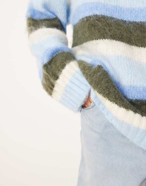 Monki oversized fluffy striped sweater in blue and brown stripe, 2 of 4