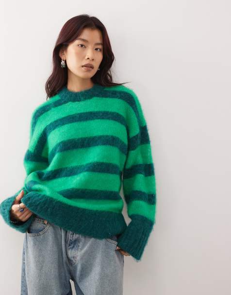 Monki oversized fluffy sweater in green stripes - view 1