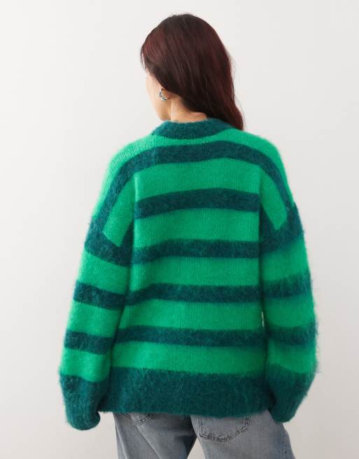 Monki oversized fluffy sweater in green stripes, 3 of 4