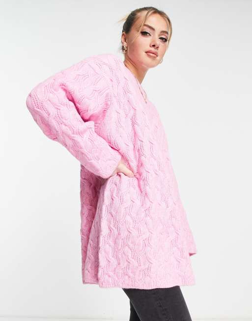 Monki - Oversized gebreide kabeltrui in roze 