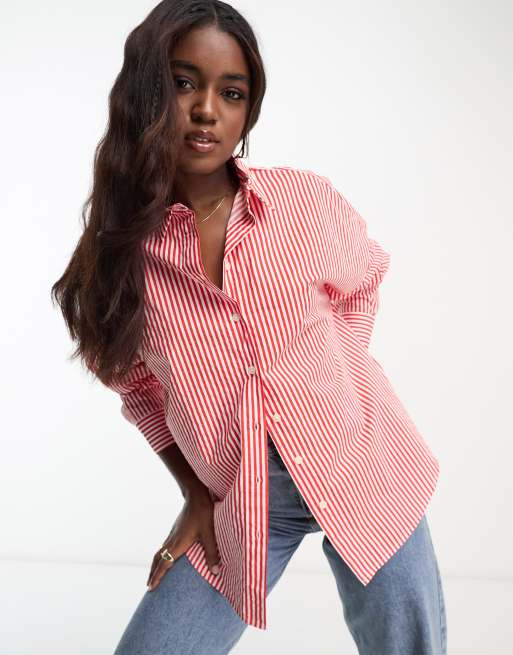Monki - Oversized gestreept overhemd in rood met wit
