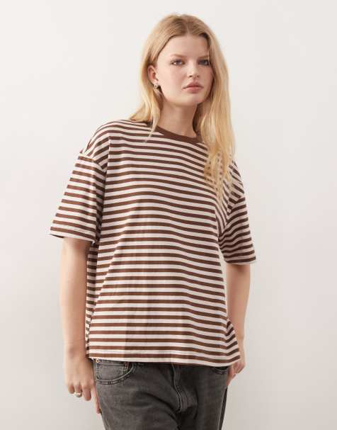 Monki - Oversized gestreept T-shirt in roze en bruin - view 1