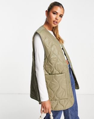 Monki oversized gilet with patch pockets in khaki quilting - ASOS Price Checker