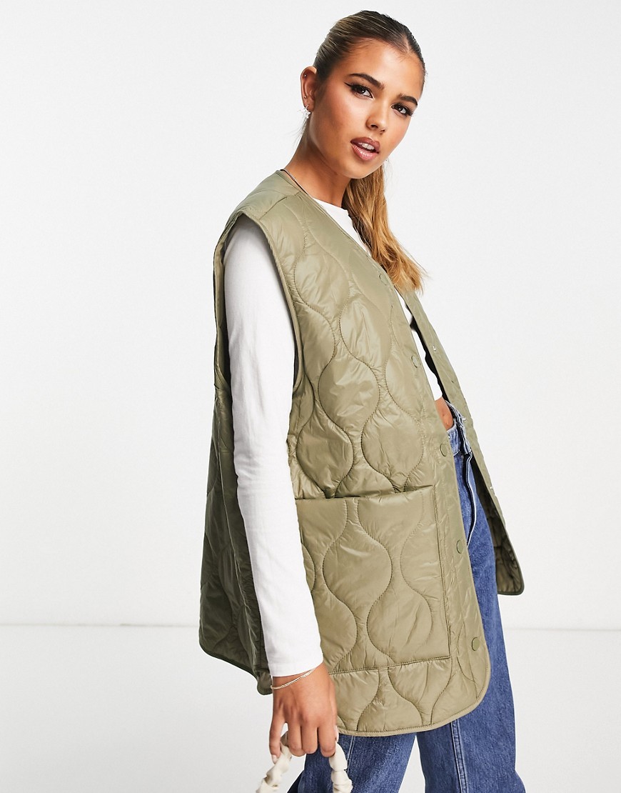 Monki oversized gilet with patch pockets in khaki quilting-Green