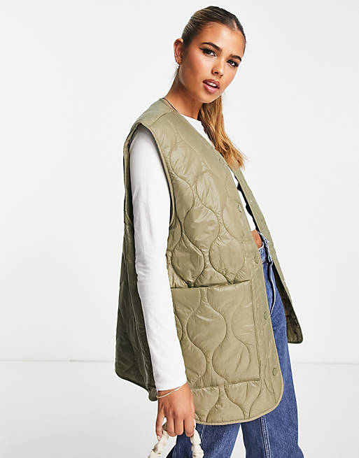 Monki oversized gilet with patch pockets in khaki quilting | ASOS