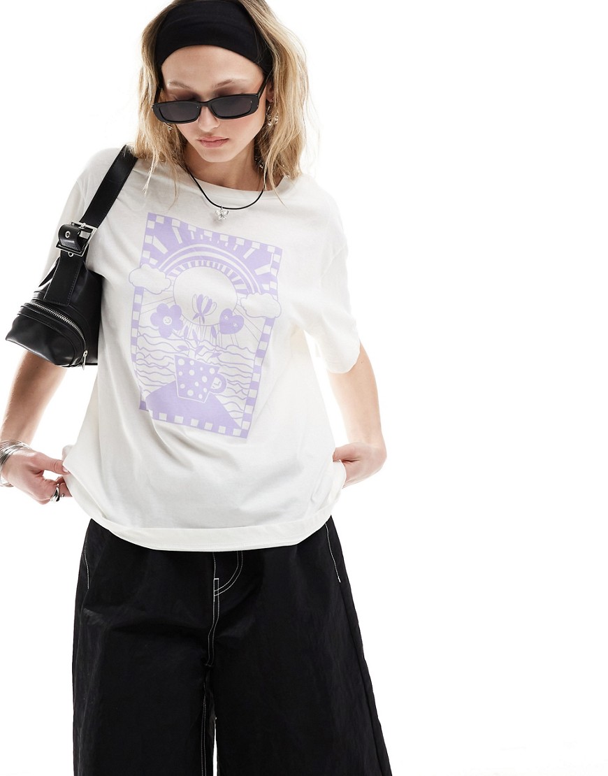 oversized graphic T-shirt in off white and lilac