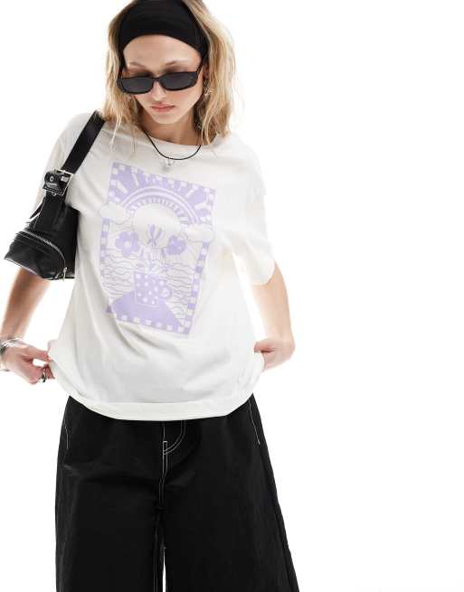 Monki oversized graphic T-shirt in off white and lilac | ASOS