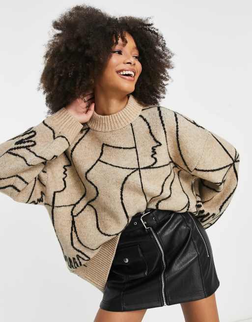 Monki oversized jacquard jumper in beige line graphics ASOS