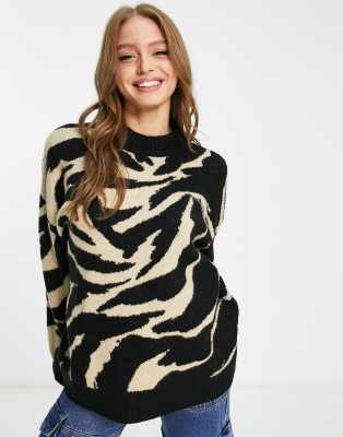 oversized jacquard sweater in beige and black zebra-Multi