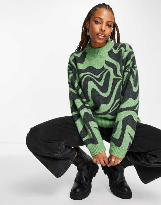 Monki oversized jacquard sweater in green swirl | ASOS