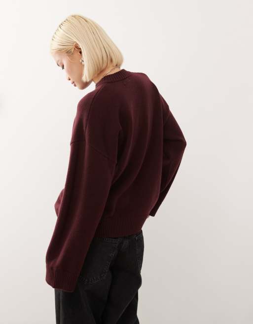 Monki oversized jumper with drop shoulder in burgundy, 3 of 4