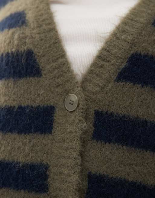Monki oversized knit cardigan in olive green and navy stripe, 3 of 4