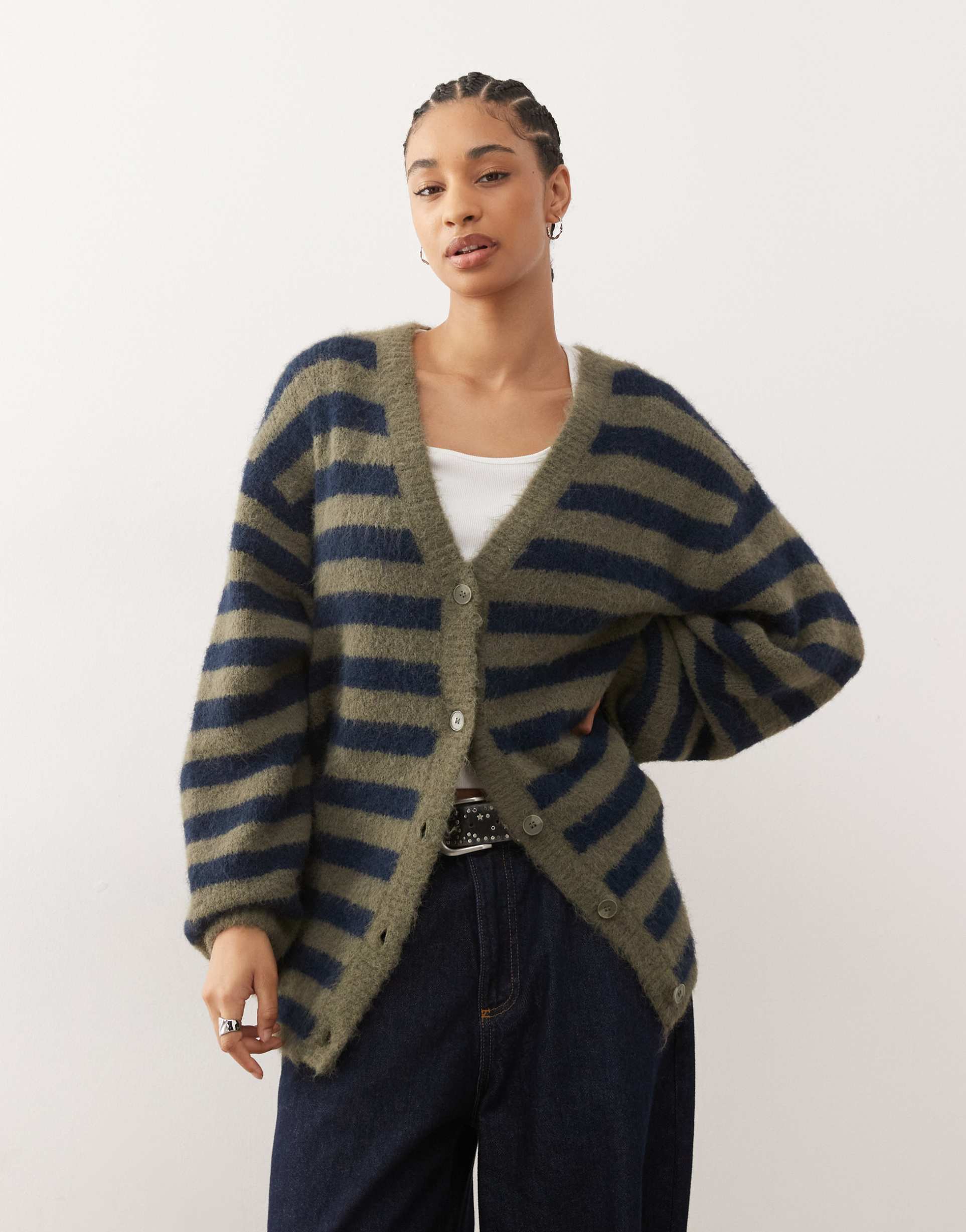 monki oversized knit cardigan in olive green and navy stripes