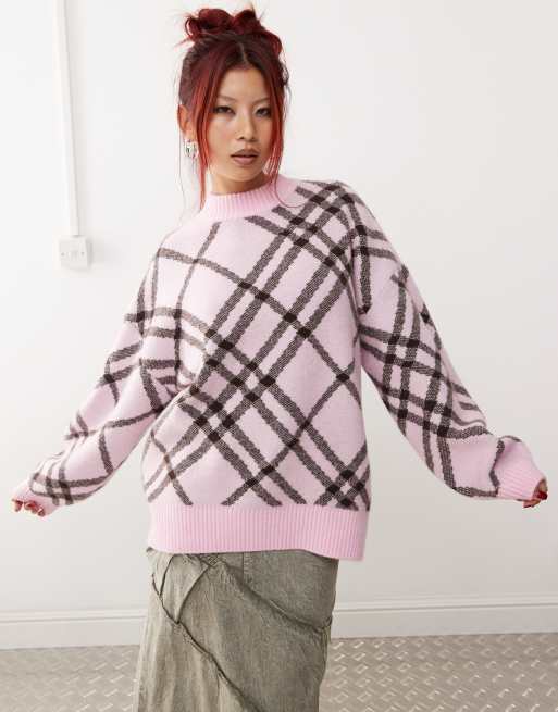 Monki oversized knit sweater in pink and black plaid
